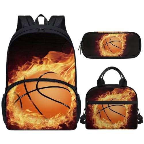 Coldinair Backpack Set for Boys with Lunch Box Pencil Bag Burning Basketball School Bookbag for Kids Teen with Lunch Box,17inch Student Daypack,Waterproof,Large Capacity