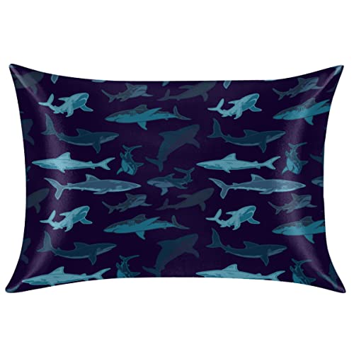 Funda de almohada de satén de seda tamaño estándar para cabello y piel, funda de almohada refrescante con estampado de tiburón océano azul marino con cremallera oculta, funda de almohada suave y