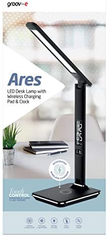 Groov-e Ares Touch Control LED Desk Lamp with Built-in Wireless Charger & Alarm Clock/Calendar Display-Black
