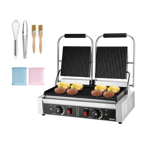 VEVOR Commercial Panini Grill, 3600W Electric Sandwich Panini Maker, Stainless Steel Double Sandwichs Press with Handle and Temp Control, 19x9 in Full Grooved Enamel Plate, for Hamburger Steak Bacon