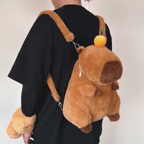 Adorable Capybara Backpack with Leash - Fluffy Orange Capybaras Stuffed Animal Shoulder Bag3