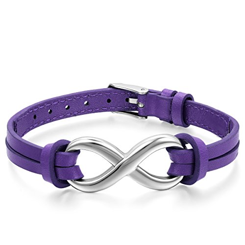 JewelryWe Schmuck Herren Damen Armband, Infinity Zeichen Charm Armreif, Leder Echtleder Edelstahl, Lila Silber Cover