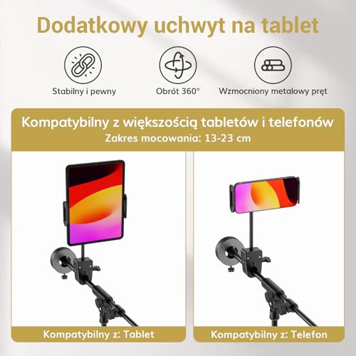 TONOR Stojak mikrofonowy z uchwytem na tablet, ramię statywu do podłogi, regulacja wysokości i kąta, stojak z torbą do przenoszenia, zacisk do telefonu, z uchwytem na napoje i tacą, 190 cm, T35+
