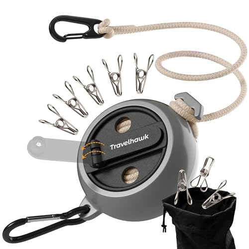 TravelHawk Wäscheleine Ausziehbar - 10 Meter - Camping Wäscheleine mit 20 Edelstahl Wäscheklammern, Perfekt für Außen, Garten, Balkon, Camping, Reise Zubehör - bis 70kg