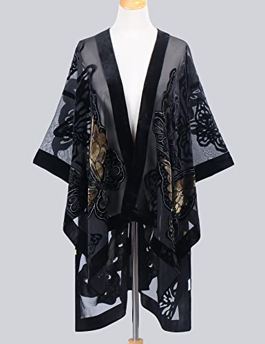 Image of Women's Burnout Velvet Kimono Long Cardigan Cover Up Casual Outfit