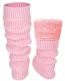 Shihanee Winter Fleece Lined Leg Warmers for Women Knit Long Leg Warmers Warm Fleece Lined Boot Socks for Skating Daily Wear(Pink,Vertical Stripes)