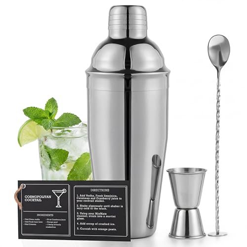 Image of Premium Mixology Cocktail Shaker Set | 4 Piece Bar Tool Set, Silver Bar Set Cocktail Shaker Set for Drink Mixing - Includes Martini Shaker, Jigger, Bar Mixer Spoon + Free Cocktail Recipes | Gift Idea