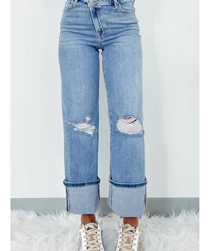 Women's Solid Color High Waisted Ripped Jeans Stretchy Rolled Hem Straight Leg Tall Jeans2