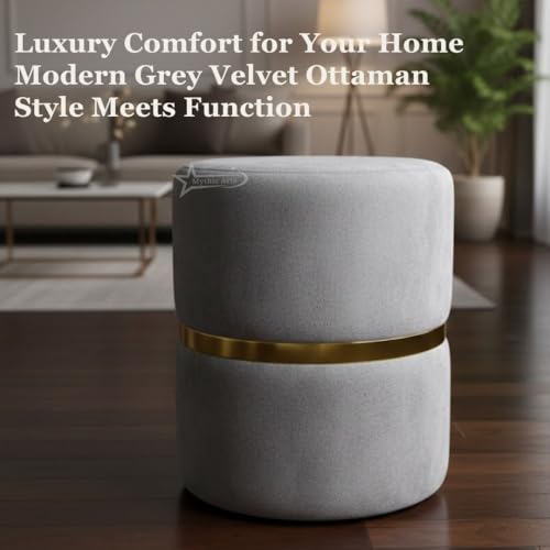 Image of Round Single Strip Upholstered Stool Living Room Foot Rest Linen Fabric Padded Seat Pouf Ottoman Office Stool Grey