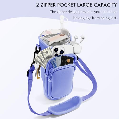 Image of Water Bottle Carrier Bag with Phone Pocket for Stanley Cup 40 /30 oz, Water Bottle Holder with Adjustable Strap& Straw Cover, Stanley Cup Accessories (Violet)