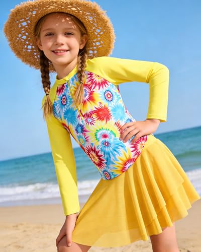 Image of Girls Rash Guard Swimsuit Long Sleeve Bathing Suits with Swim Skirt Shorts Two Piece Sun Protection Swimwear for 3-12 Years