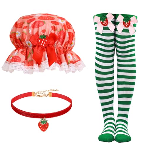 MUKOSEL Strawberry Costume Accessories Set-Strawberry Hat Thigh High Socks Necklace for Halloween Cosplay