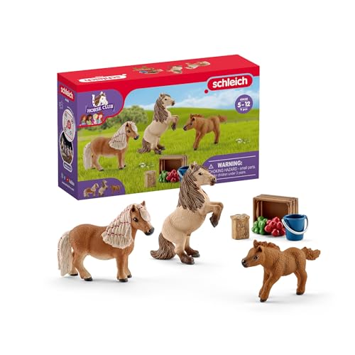 schleich HORSE CLUB | Mini Shetty Familie 41432 | 3 Pony Figuren mit Pferde Zubehör | tolles Geschenk für Mädchen und Jungen | Spielzeug für Kinder ab 5 Jahren | Set aus 9 Teilen | exklusiv bei Amazon