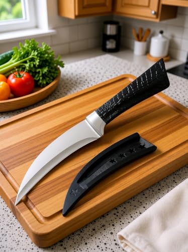 Image of Wizbiz 7 Inch Curved Butcher Knife with Sheath | Boning Knife for Cutting Mutton Chicken & Deboning | Sharp Stainless Steel Kitchen Vegetable Chopper Knife - Kitchen Cutting Tool