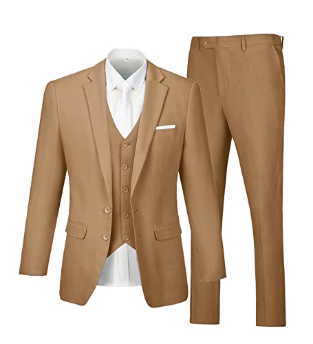 Men's Slim Fit Linen Suits,3 Pieces Retro Vintage Tuxedos Lightweight Prom Wedding Dress Suit Jacket Vests+Pant Khaki Xl #TOP6