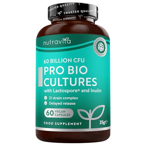 Nutravita Probiotics for Gut Health 60 Bill CFU - 60 Vegan Capsules - 21 Strain Probiotic Bio Cultures Complex: Lactospore®, Lactobacillus Reuteri & Acidophilus - Probiotics for Women & Men - UK Made