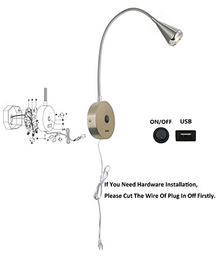 Homefocus Bedside Reading Wall Light,Wall Light,Wall Lamp,Living Room Wall Lamp,Bedroom Wall Lamp,Wall Sconces,Led 5Watt 3000K,Usb Charging Port,Flexible Gooseneck,Metal, Satin Nickel #TOP3