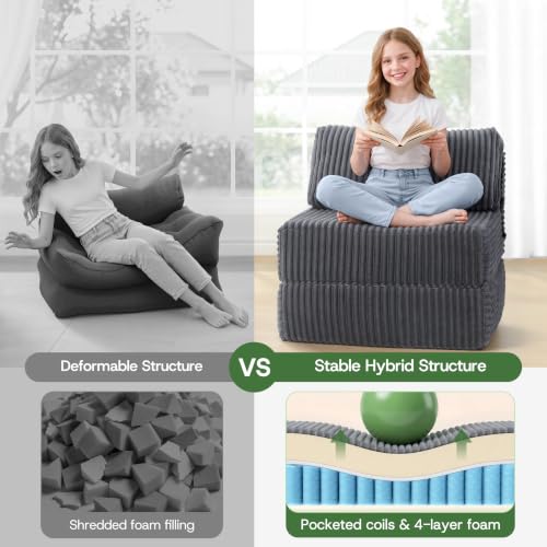 Image of 4-in-1 Folding Sofa Bed Convertible Boneless Sleeper Chair Couch Foldable Lounger & Mattress Pocket Coil & Foam Fill Medium Support, Portable No Assembly for Living Room /Bedroom, Single
