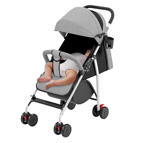 Belfoyer Kinderwagen Buggy Liegefunktion, Leichter 4-Rad Buggy ab 0–4 Jahre, Verstellbare Rückenlehne, Klein Zusammenklappbar, mit Moskitonetz & Cupholder (Grau)