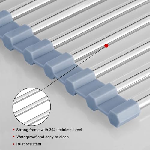 Image of Zollyss Roll Up Dish Drying Rack Over Sink 44.5 x 34.8 cm, Foldable Stainless Steel Dish Drainer with BPA Free Silicone, Heat Resistant Kitchen Sink Drying Rack & Countertop Organizer