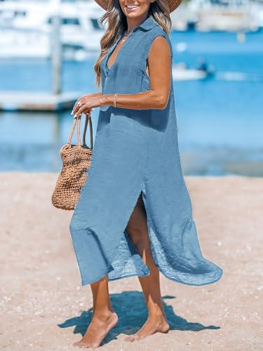 Image of CUPSHE Women's Swimsuit Coverup Casual Sleeveless Side Split Long Cardigans V Neck Midi Beach Dress