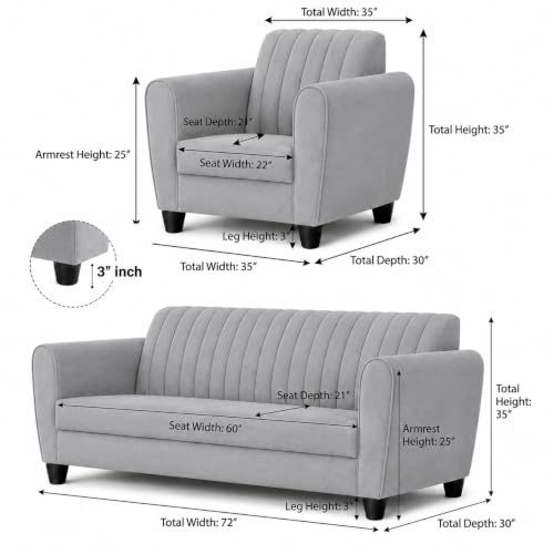Image of MS Luxury FURNITRE Premium Luster 3-1-1 Sofa Set | 3 Seater | 5 Seater | Velvet Suede Fabric | 7 Colours with Sollid fibare Legs & 4 Cushion Free. (Grey, 3+1+1)