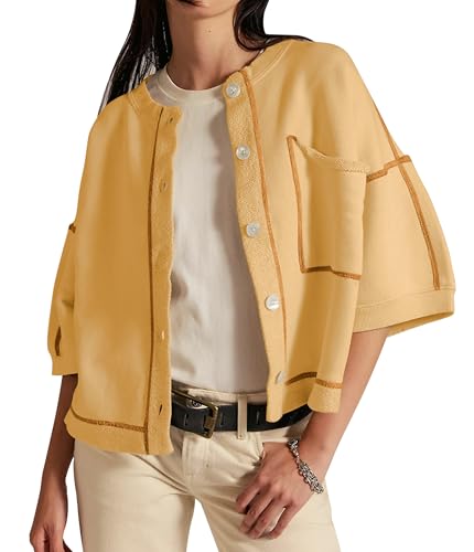 Women's Crop Cardigan Sweatshirts Half Sleeve Button Down Tops Casual Open Front Sweater 2025 Fall Outfits with Pocket