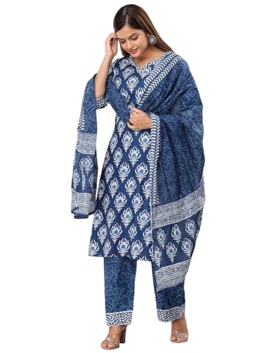 Image of Tee Projekt Women's Cotton Blend Sweetheart Neck Straight Kurta Pant with Dupatta Set ll Block Printed Kurta Set for Women ll Festive Kurta Set for Women