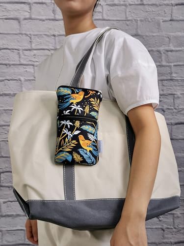 Image of Tainada Men Women Phone Neoprene Shockproof Zipper Sleeve Case Bag Pouch with Carabiner, Neck Lanyard, Belt Loop Holster for iPhone 17 /16 Pro Max, 16 Plus, Samsung S25, S24 (Birds Floral Navy Blue)