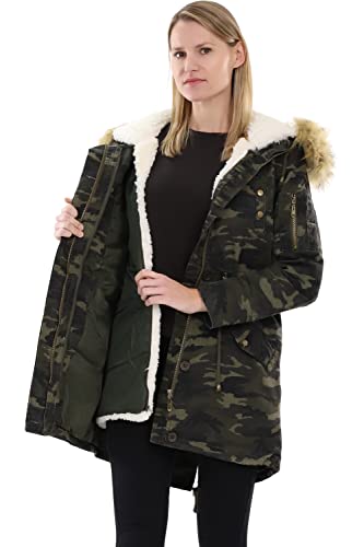 malito – Parka Damen mit Kunstfell-Kapuze, Innenfutter & 5 Fronttaschen – warme Jacke für Herbst & Winter – gefütterte Winterjacke 81099 (Military | Größe XL)