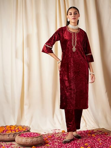 Image of Women's Velvet Floral Embroidered Straight Kurta | Round Neck Three-Quarter Sleeve Calf Length Kurti with Thread Work