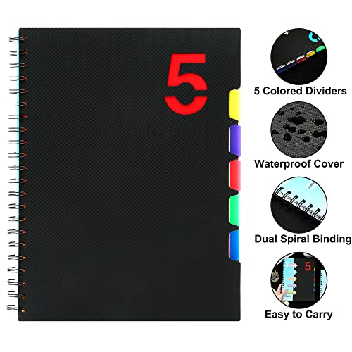 Cagie 5 Subject Notebook 8.5" X 11" Hardcover Spiral Notebook With Tabs And Dividers Large Notebooks Wide Ruled For Note Taking School Work Office Supplies 220 Pages, Black #TOP6