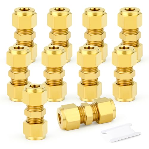 GASHER 10PCS Brass Compression Tube Pipe Fitting Connector, 10mm Tube OD Connector