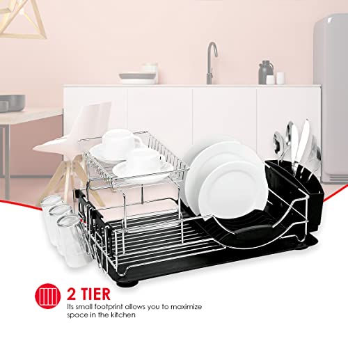 2-Tier Deluxe Kitchen Dish Drying Rack (Silver/Black), By Home Basics | Big Dish Drying Rack For Plates, Teacups, Bowls, Cups, And Silverware | Strainer For Kitchen Counter With Cutlery Holder #TOP4