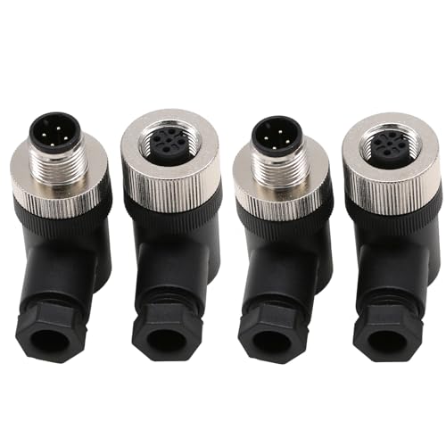 Image of M12 4 Pin Male & Female Connector, 12mm A Code Right Angle Industrial Circular Connector, Unshiled Field Assembly Wireable Sensor IP67 250V 4A AC /DC 2sets