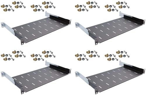 4 Stück 1 HE tiefen verstellbare Rackablage 25-41 cm tief in Schwarz RAL 9005, 19 483 mm Variabler Fachboden Trägereinschub Einlegeboden Rack Ablage Boden