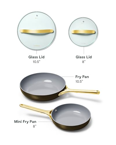 Image of Caraway Ceramic Nonstick Fry Pan Set with Glass Lids - Includes Two 10.5 inch Fry Pans, One 8 inch Fry Pan, & Three Lids - Non Toxic, PTFE & PFOA Free - Oven Safe & Compatible with All Stovetops - Black