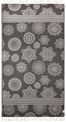 InfuseZen Turkish Bath & Beach Towel – Reversible Medallion Design - 100% Organic Turkish Cotton - Soft, Lightweight, Absorbent Peshtemal, Quick Dry, Sand Free – for Pool, Gym, Throw, Travel - BlackOEKO-TEX STANDARD 100