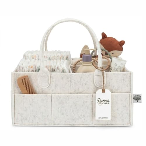 Image of Parker Baby Co. Felt Diaper Caddy Organizer - Large, White | Portable nursery storage bin for diapers, wipes, bottles & baby essentials for home/car. Soft felt, foldable design 13x9x7"