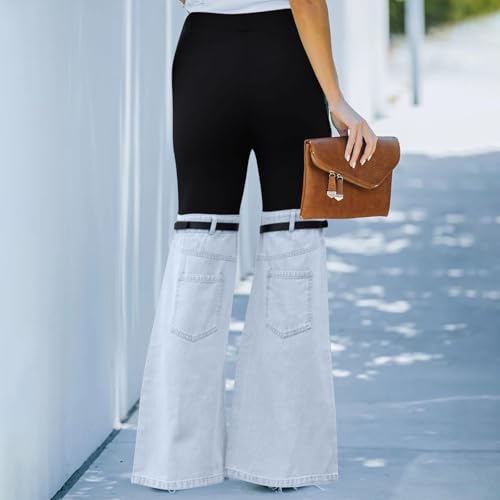 Women Patchwork Flare Jeans Stretch High Waisted Bell Bottom Denim Pants Wide Leg Fashion Y2k Color Block Trousers4