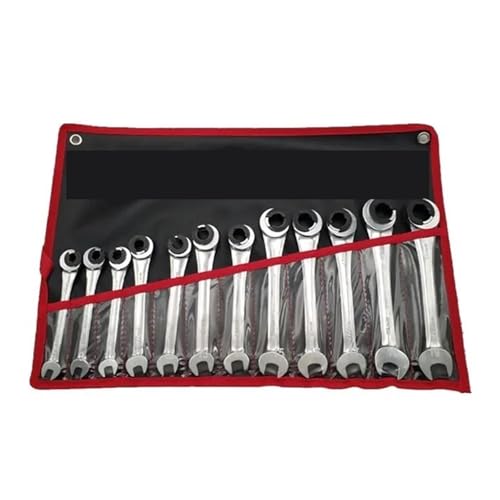 12 PCS Tubing Ratchet Wrenches Set Open Flex-head 8-19 MM Oil Spanners Combination Hand Tools Gears Ring Wrench For Car Wide Application(Fix Head)