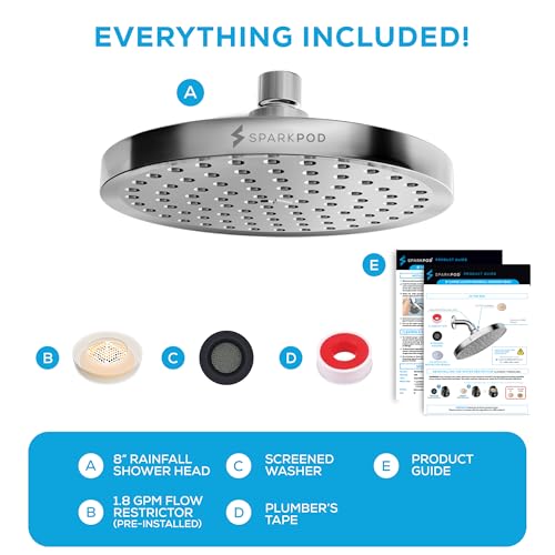 SparkPod Shower Head - High Pressure Rain - Premium Quality Luxury Design - 1-Min Install - Easy Clean Adjustable Replacement for Your Bathroom Shower Heads (Luxury Polished Chrome, 8 Inch Round)