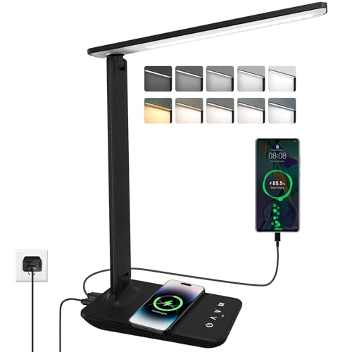 joyshie Lampe de Bureau LED avec Chargeur sans Fil Qi 15W, Pliable Lampe de Chevet Dimmable avec 5 Modes de Couleur et 5 Niveaux de Luminosité, Port de Charge USB, Pour Lecture Travail (Noir-Pro)