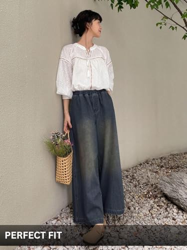 Image of GRECIILOOKS Denim Palazzo for Womens | Jeans for Woman | Women's Relaxed Fit High Rise Baggy Jeans | Loose Fit Wide Leg Oversized Denim Jeans