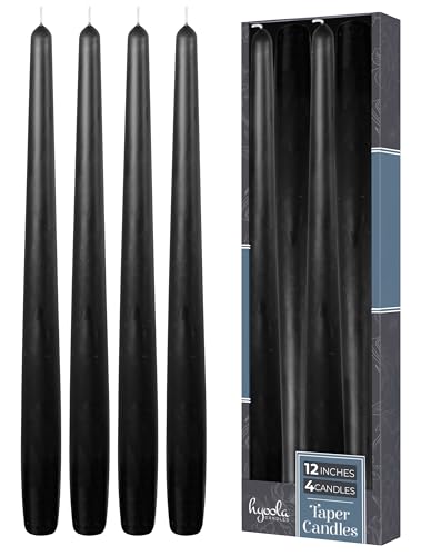 Hyoola Tall Taper Candles - 12 Inch Black Unscented Dripless Taper Candles - 10 Hour Burn Time - 4 Pack