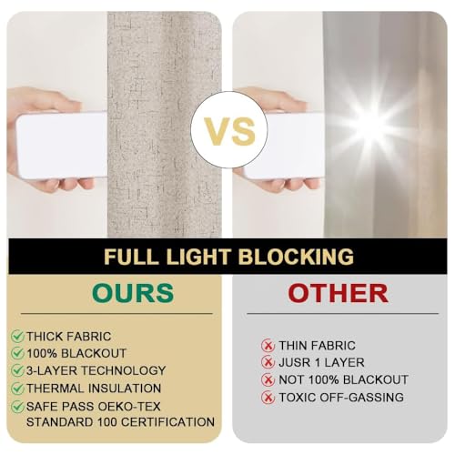 Image of PrinceDeco Linen 100% Blackout Curtains for Bedroom /Living Room Reduce Noise Light Blocking Window Curtains Drapes for Boho Home Decor, Linen Look Fabric with White Liner (52 x 120 Inch,Cobblestone)