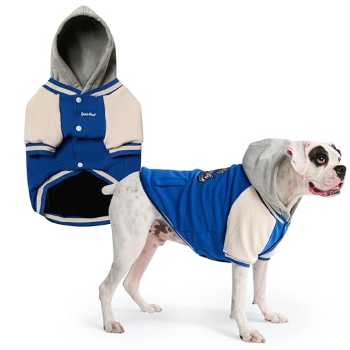 Image of Spark Paws Varsity Dog Hoodie - Premium Dog Sweater for Small, Medium, and Large Dogs | Warm Clothes for Pets, Winter Jacket Alternative - Blue - 2XL