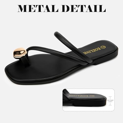 Image of Eozlink Women's Toe Ring Flat Sandals, Slip On Dressy Summer Slides | PU upper with square toe and metal accent for resort and casual outfits