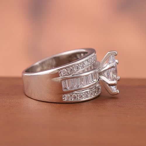 Cubic Zirconia Half Eternity Channel Set Round and Baguette Cut Marquise Shaped Solitaire Engagement Ring,Sterling Silver Plated Wide Statement Wedding Band Ring For Women4