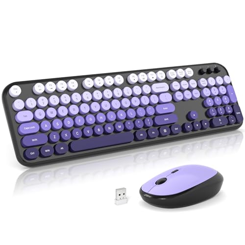 Image of Atelus Wireless Keyboard and Mouse, Typewriter Full Size Keyboard with Number Pad and 2 in 1 USB Connected Mouse for Windows 7 /8 /10, Laptop, Desktop, PC, Computer (Black Purple)